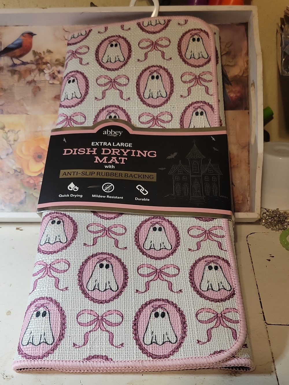 Abbey Home Extra Large Dish Drying Mat - Pink Ghost Pattern